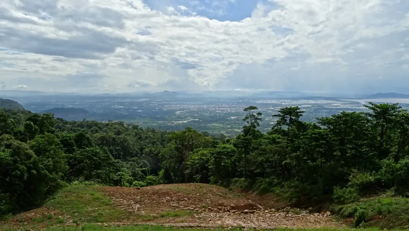 Sweeping view over Kampot's plains and river delta from a hilltop clearing at Bokor Hill Station.