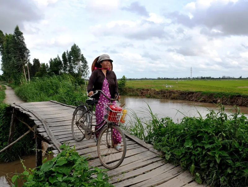 A woman pushes her bicycle across a wooden plank bridge over a canal in the Mekong Delta.
